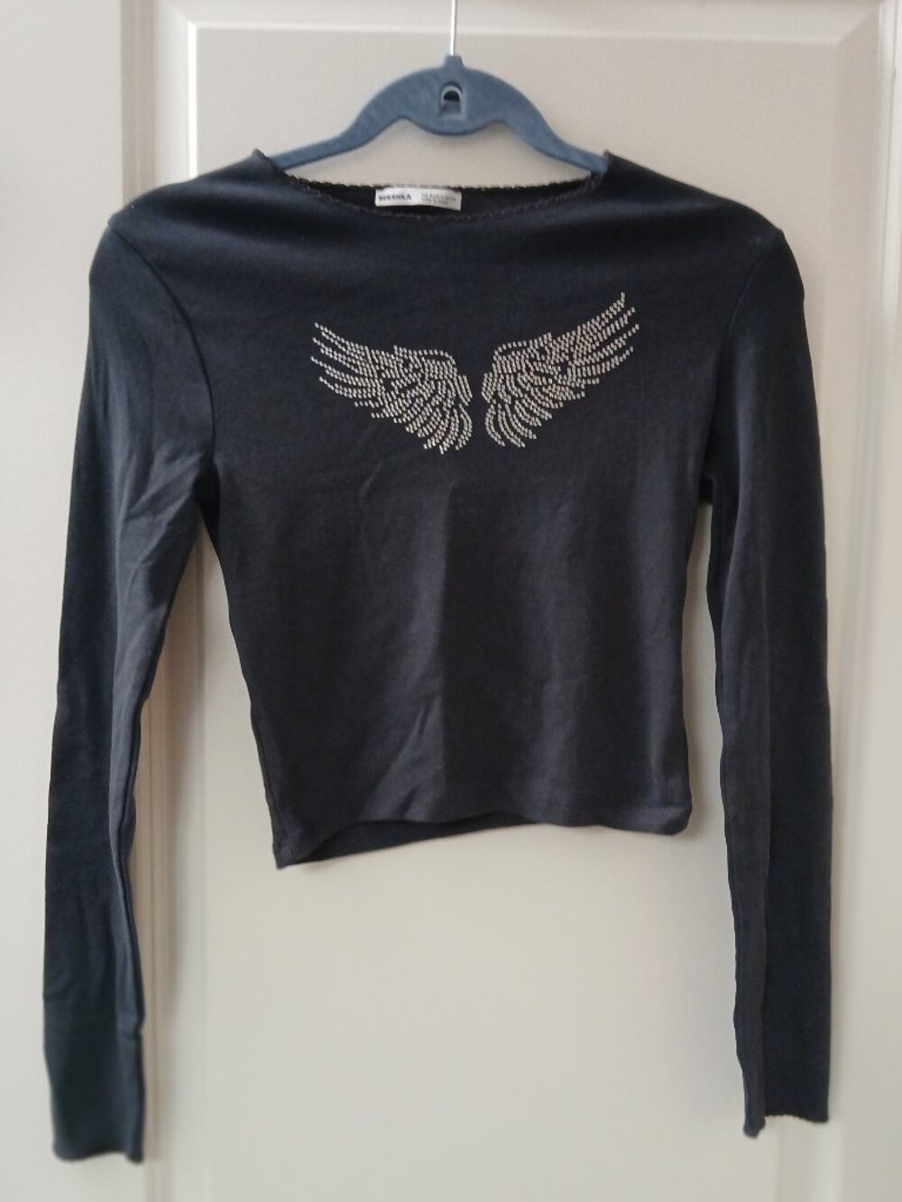Bershka  Women's Long Sleeve Crop Top Rhinestone Angel Wings Top